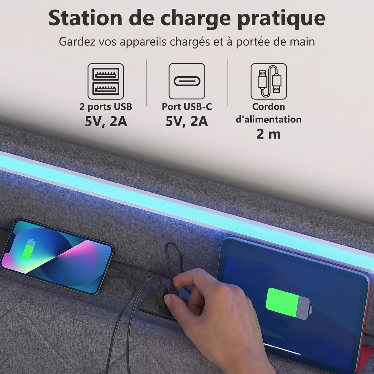 Lit coffre 140x190cm éclairage LED et station de charge cadre de lit double rembourré lin rangement hydraulique gris-5