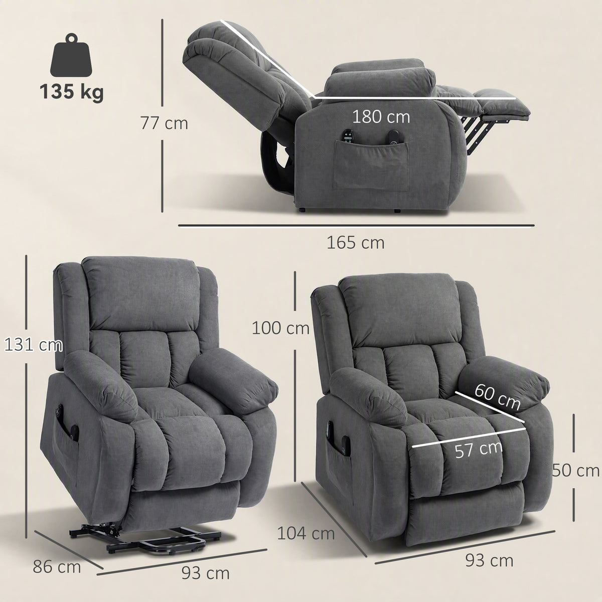 Fauteuil releveur électrique massage et chauffage avec repose-pied, dossier inclinable, télécommande et poche latérale-2