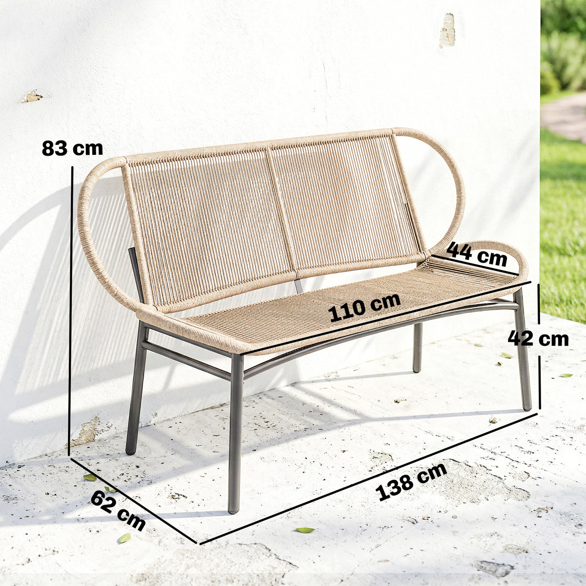 Banc de jardin 2 places, banc d'extérieur en résine tressée avec cadre en métal, résistant aux intempéries, naturel-2