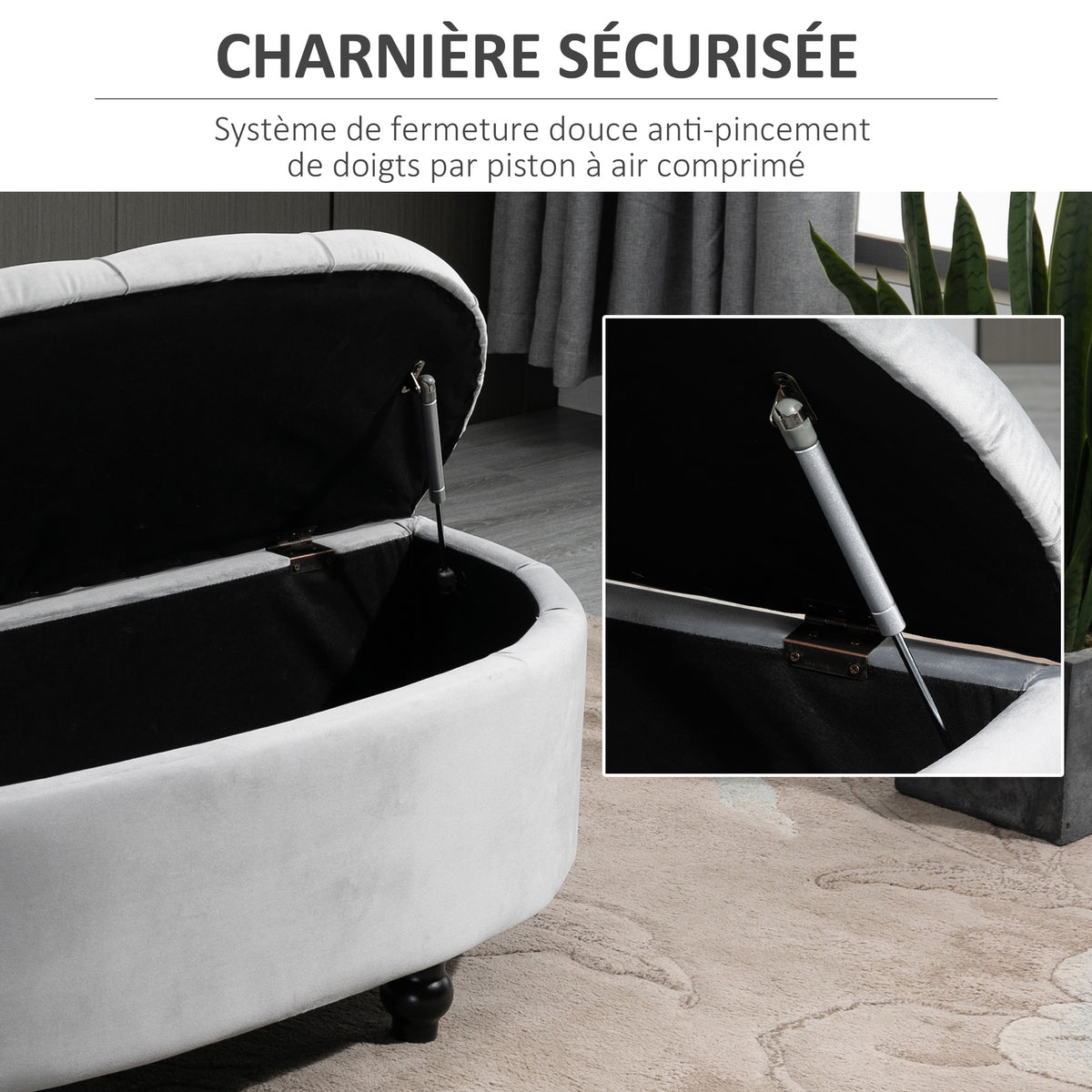 Banc de rangement, coffre de rangement design capitonné demi-cercle bout de lit avec revêtement velours, pieds en bois d'hévéa, pour salon, chambre, entrée, 120 x 46 x 42 cm, gris-4