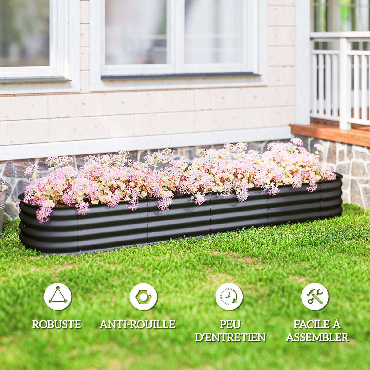 Jardinière surélevée carré potager de jardin en acier modulable pour légumes, plantes, fleurs, dim. 240 x 62 x 30cm-6