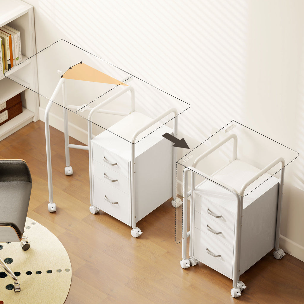 Bureau d'ordinateur pliable sur roulettes, bureau avec rangement, 3 tiroirs, plateau extensible, 105x51x75,5cm, blanc-6