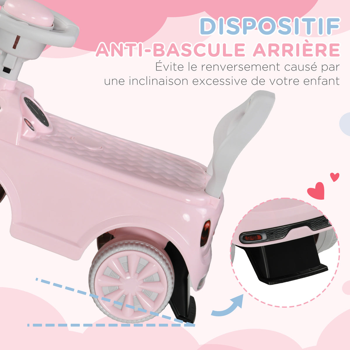 Porteur Enfants Voiture 18-36 Mois Volant klaxon et Butée Anti-bascule Charge 25 kg 53x25x35 cm Rose-3