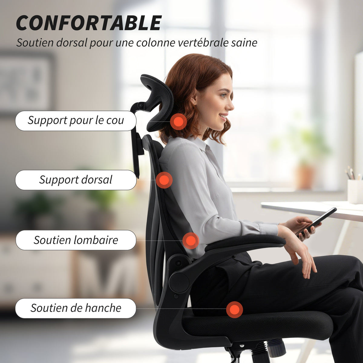 Chaise bureau, fauteuil de bureau en maille, dossier rabattable, appui-tête 2D, accoudoirs relevables, 73x62x136cm, noir-3