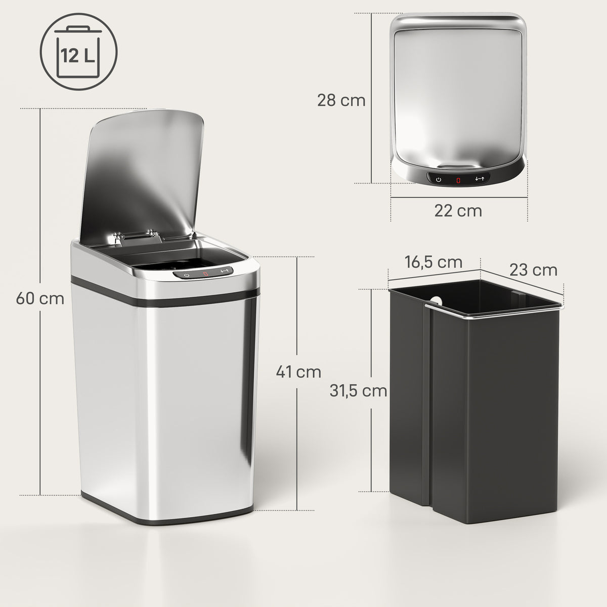 Poubelle de cuisine automatique 12 L en acier inoxydable, poubelle à capteur avec couvercle, 28 x 22 x 41 cm, argent-2