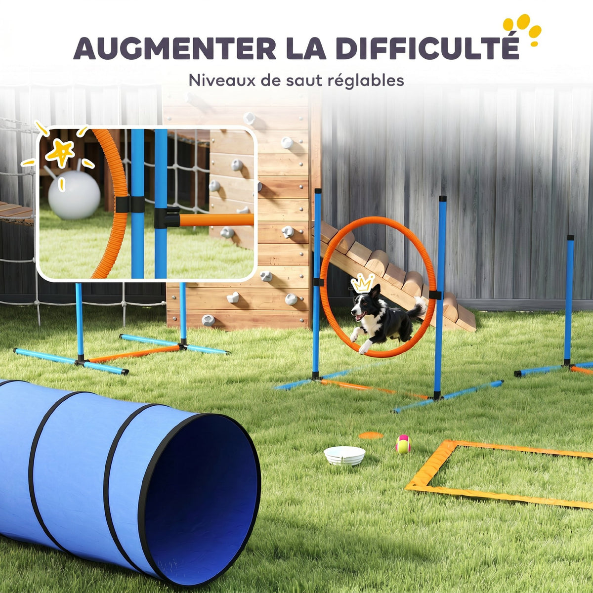 Ensemble d'Agilité pour Chien 8 Pièces avec Tunnel, Slaloms, Sauts Ajustables, Sac de Transport, 350x68x70cm, Orange-4