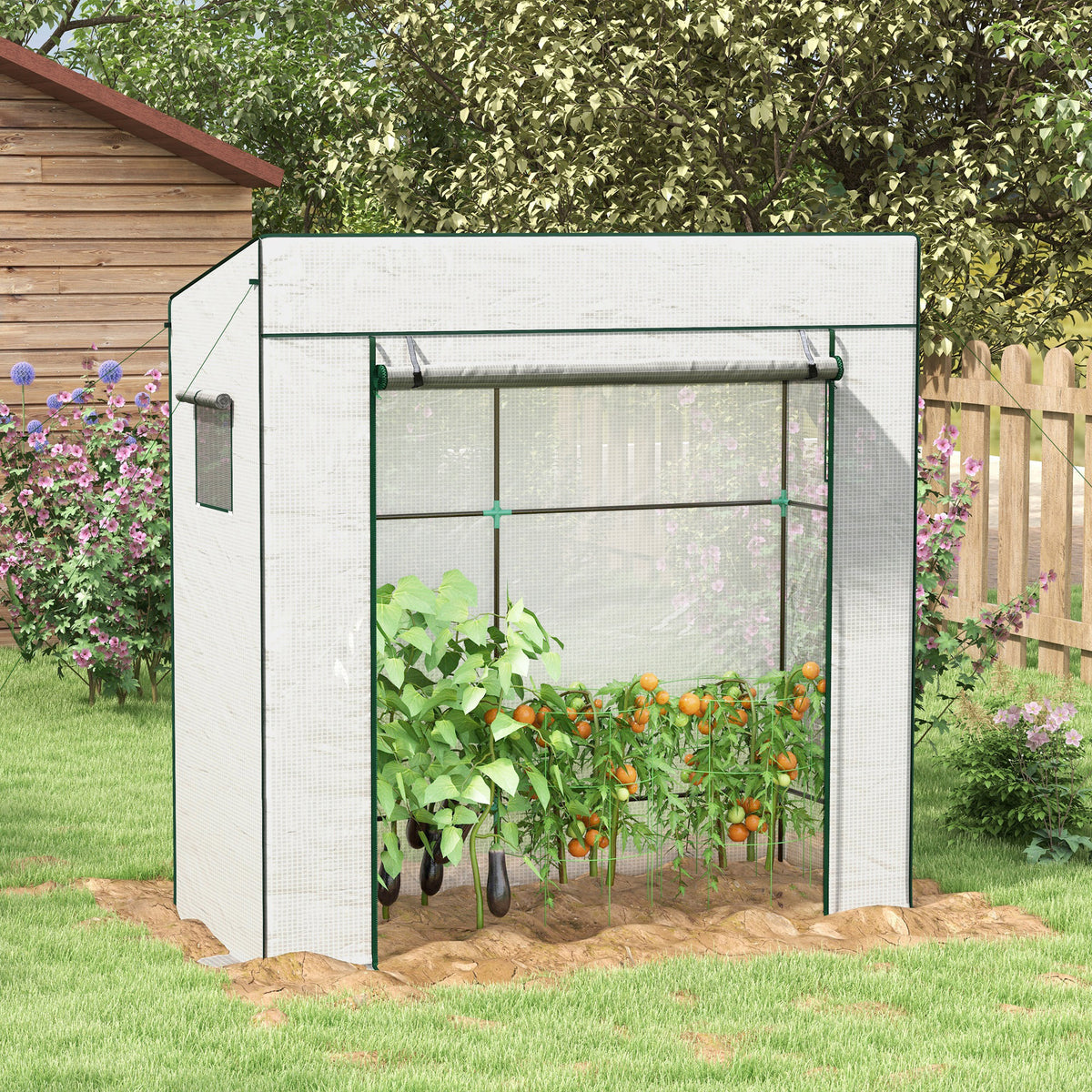 Serre de jardin murale adossée avec 1 porte enroulable, bâche PE renforcée, 2 fenêtres, dim. 196L x 77l x 197/178H cm-7