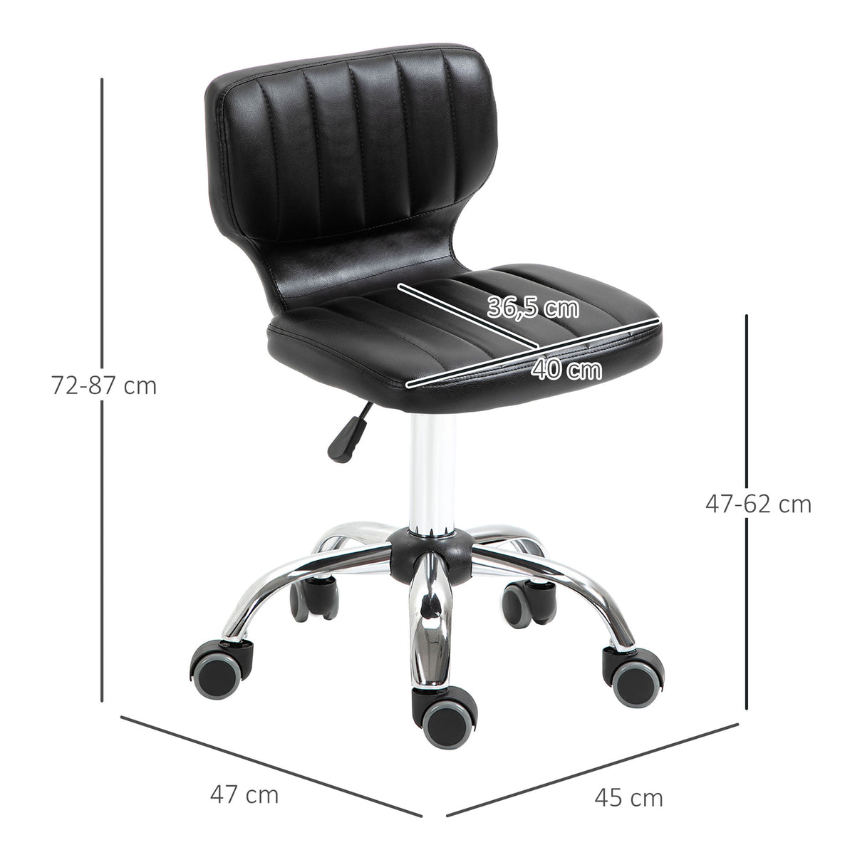 Tabouret à roulettes - tabouret de travail pivotant 360° -  - tabouret ergonomique - hauteur assise réglable 47-62 cm - revêtement synthétique matelassé noir métal chromé-2