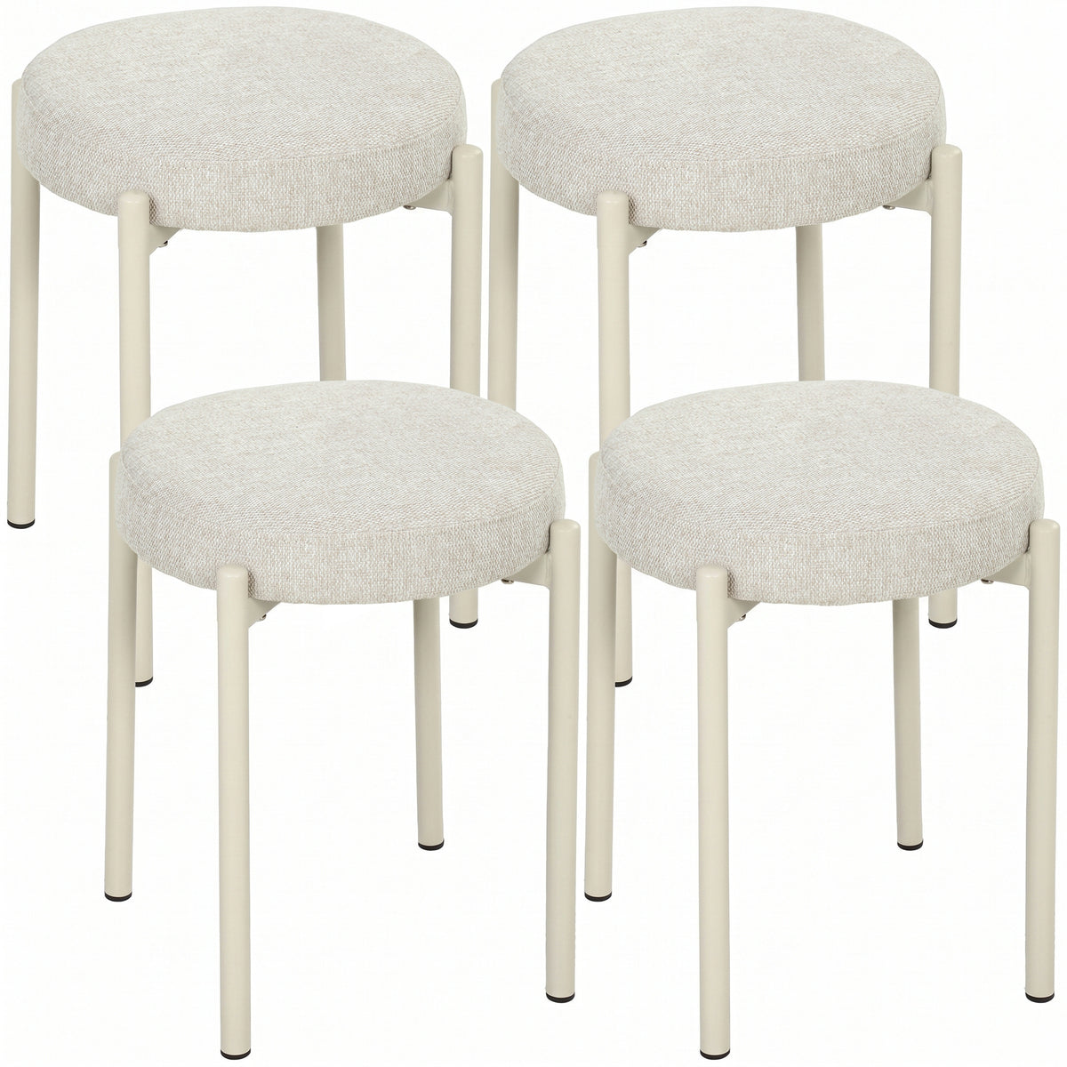 Lot de 4 Tabourets Empilables Ronds avec Assise Rembourrée, sans Dossier, Gain de Place, 45 x 45 x 47,5 cm, Crème-0
