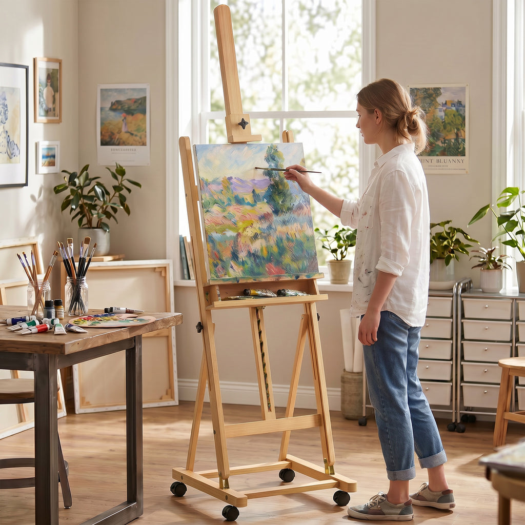 Chevalet d'artiste sur roulettes pliable en bois de hêtre pour toiles à peindre jusqu'à 118 cm bois naturel-1