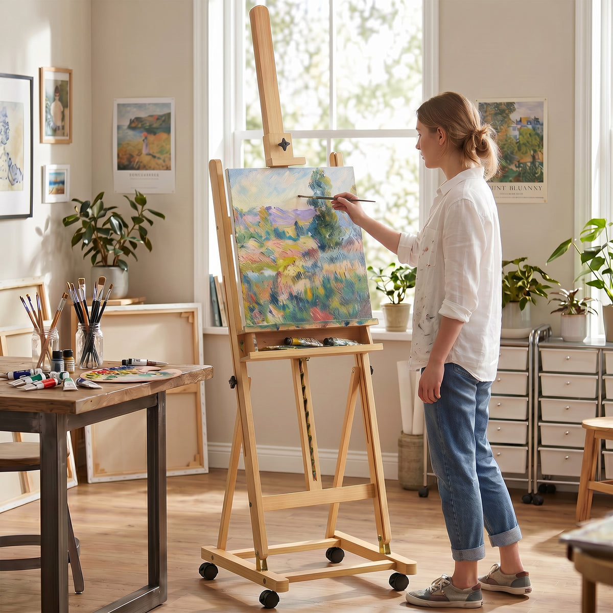 Chevalet d'artiste sur roulettes pliable en bois de hêtre pour toiles à peindre jusqu'à 118 cm bois naturel-1