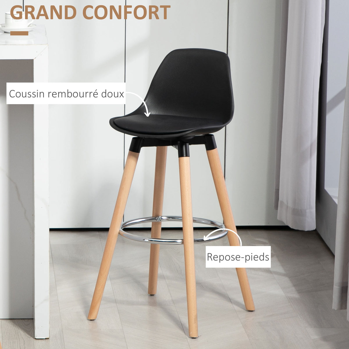 Lot de 2 tabourets de bar, chaises de bar avec dossier et repose-pieds, assise rembourrée, 43 x 43 x 91 cm, noir-4