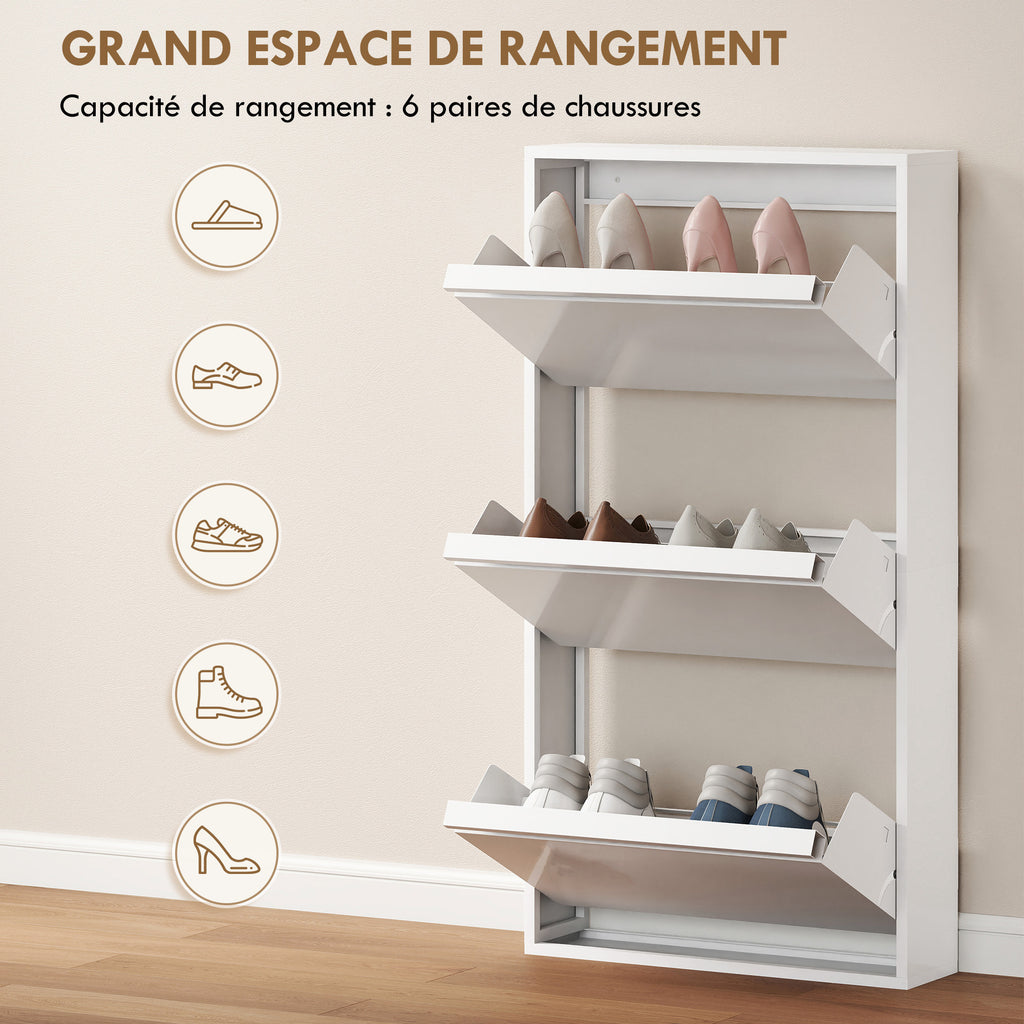 Meuble à Chaussures en Métal 6 Paires, Armoire à Chaussures Étroite avec 3 Tiroirs Rabattables, 55x15x105,5cm, Blanc-4