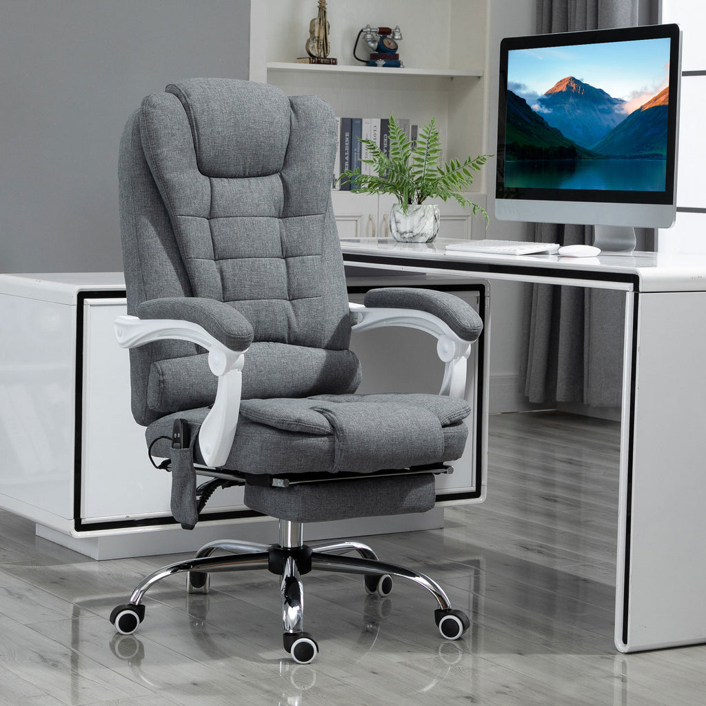 Fauteuil de bureau direction massant chauffant hauteur réglable dossier inclinable toile de lin gris-1