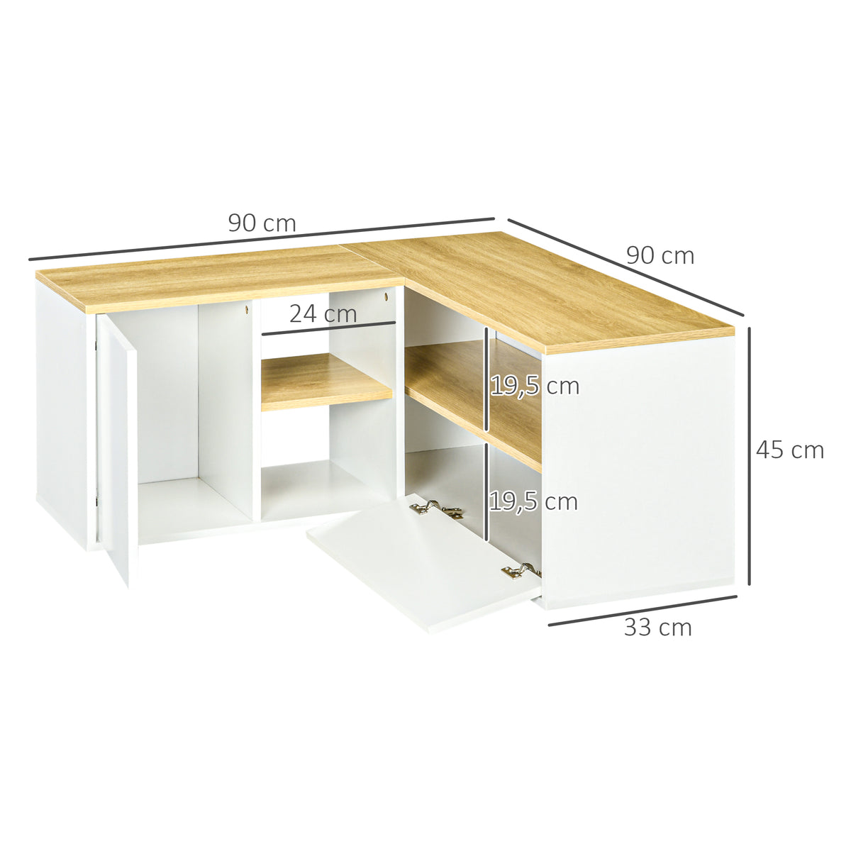 Meuble TV d'angle banc télévision jusqu'à 40 pouces avec rangements aspect bois clair et blanc-2