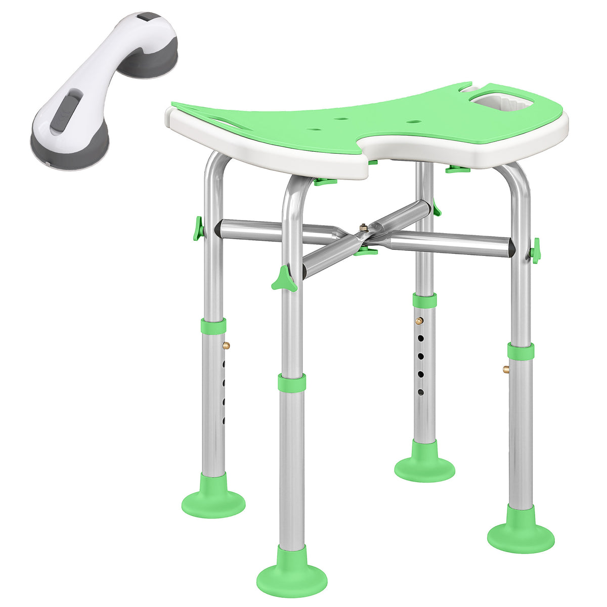 Tabouret de Douche, Hauteur Ajustable 39-51,5 cm, Barre d'Appui à Ventouse, Patins à Ventouse, Vert-0