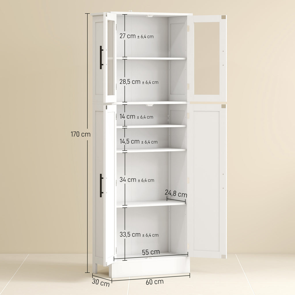 Meuble de salle de bain haut 6 niveaux, meuble de rangement avec 4 portes dont 2 vitrées et étagères réglables, blanc-2