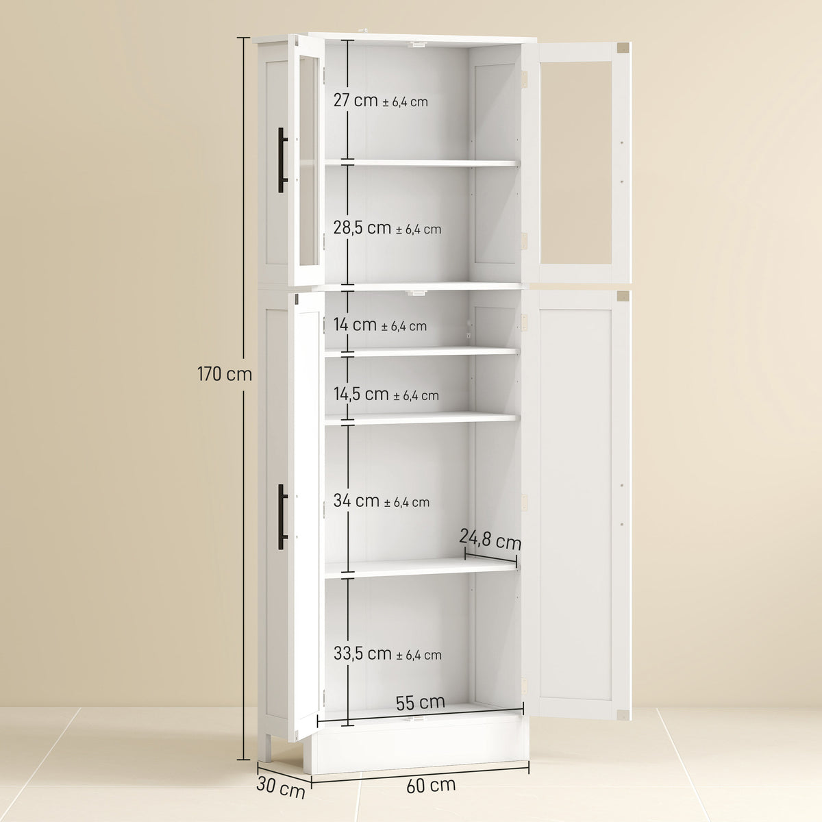 Meuble de salle de bain haut 6 niveaux, meuble de rangement avec 4 portes dont 2 vitrées et étagères réglables, blanc-2