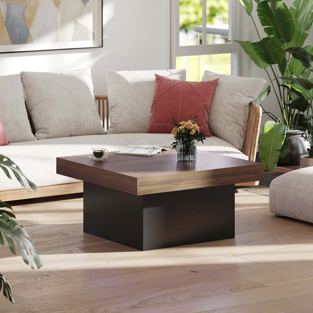 Table basse carrée avec éclairage LED 16 couleurs, table de salon moderne, 90 x 90 x 45 cm, noyer-8