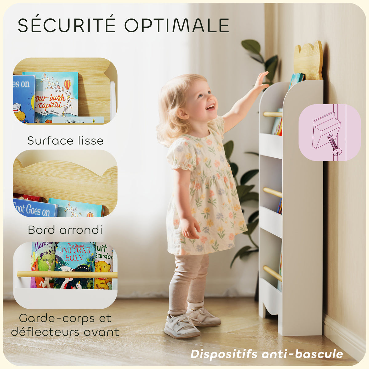 Bibliothèque pour enfant, rangement livre enfant 3 niveaux pour salle de jeux, chambre d'enfant, bois naturel-4