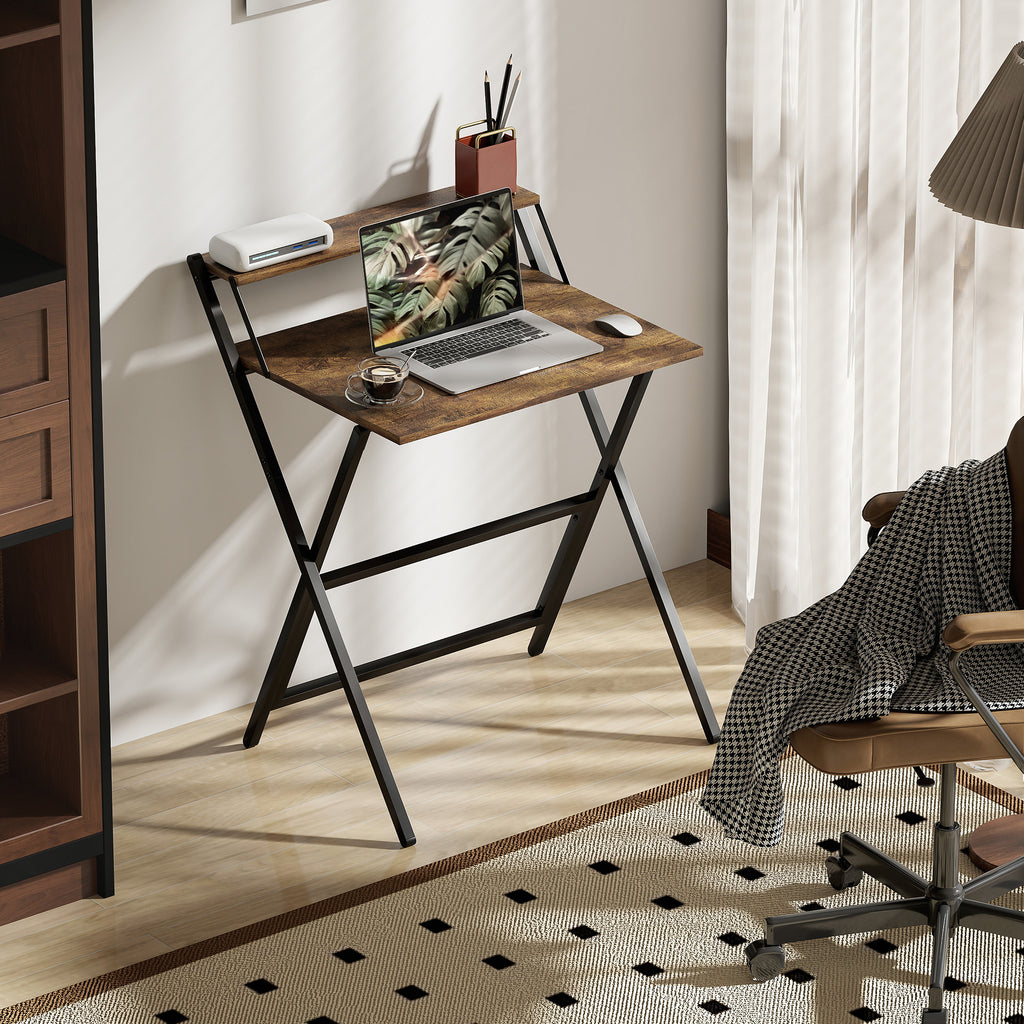 Bureau pliable 65,5 x 45 cm avec étagère de rangement pour chambre, petits espaces, brun rustique-9