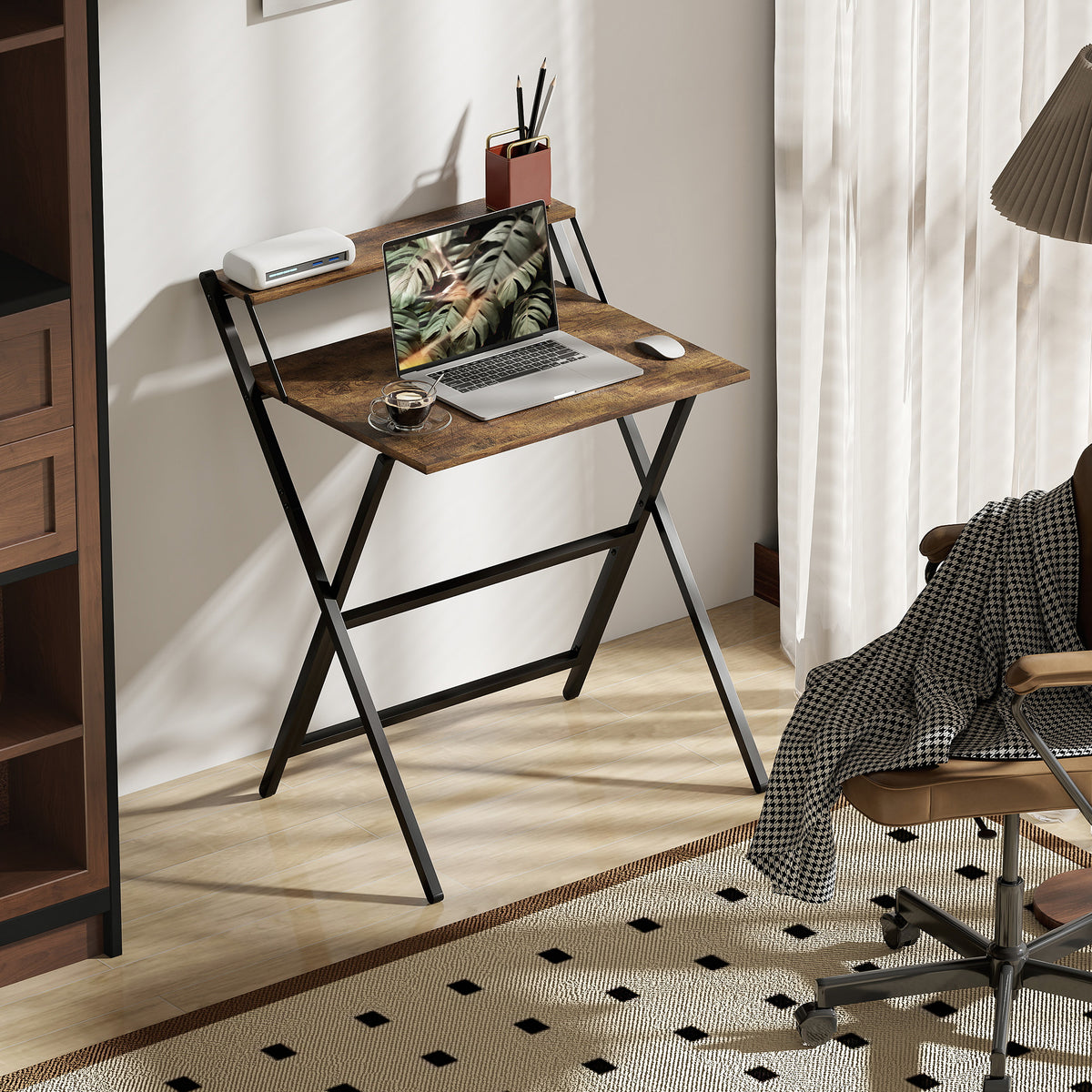Bureau pliable 65,5 x 45 cm avec étagère de rangement pour chambre, petits espaces, brun rustique-9