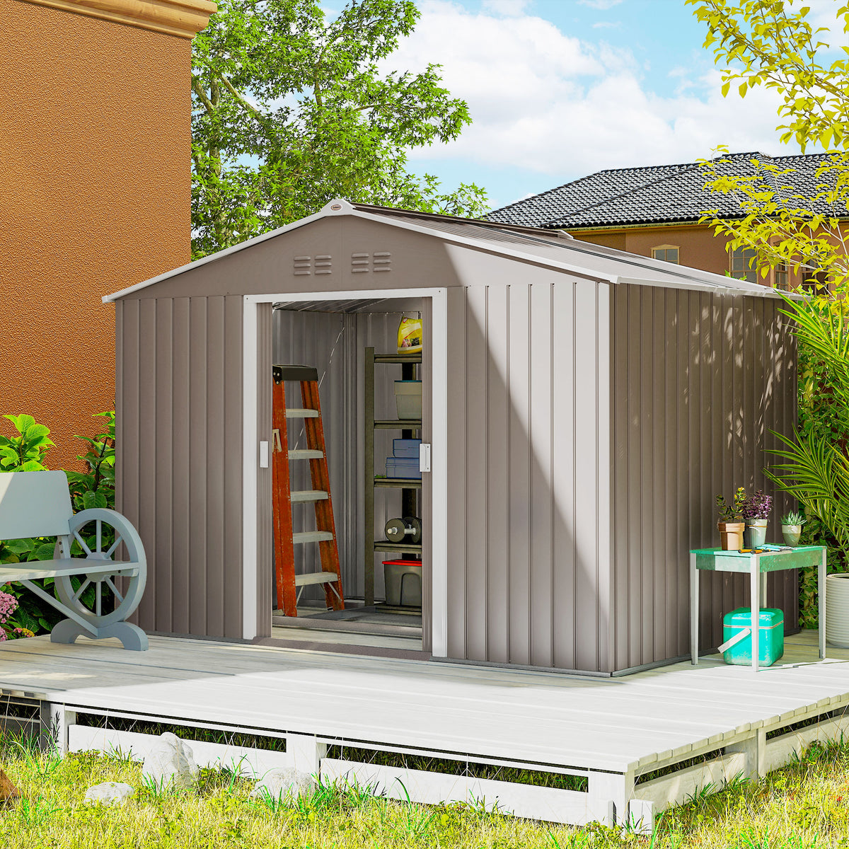Abri de jardin 5,4 m² 2,77 x 1,95 x 1,92 m kit de fondation porte coulissante ventilations tôle acier, gris clair-1