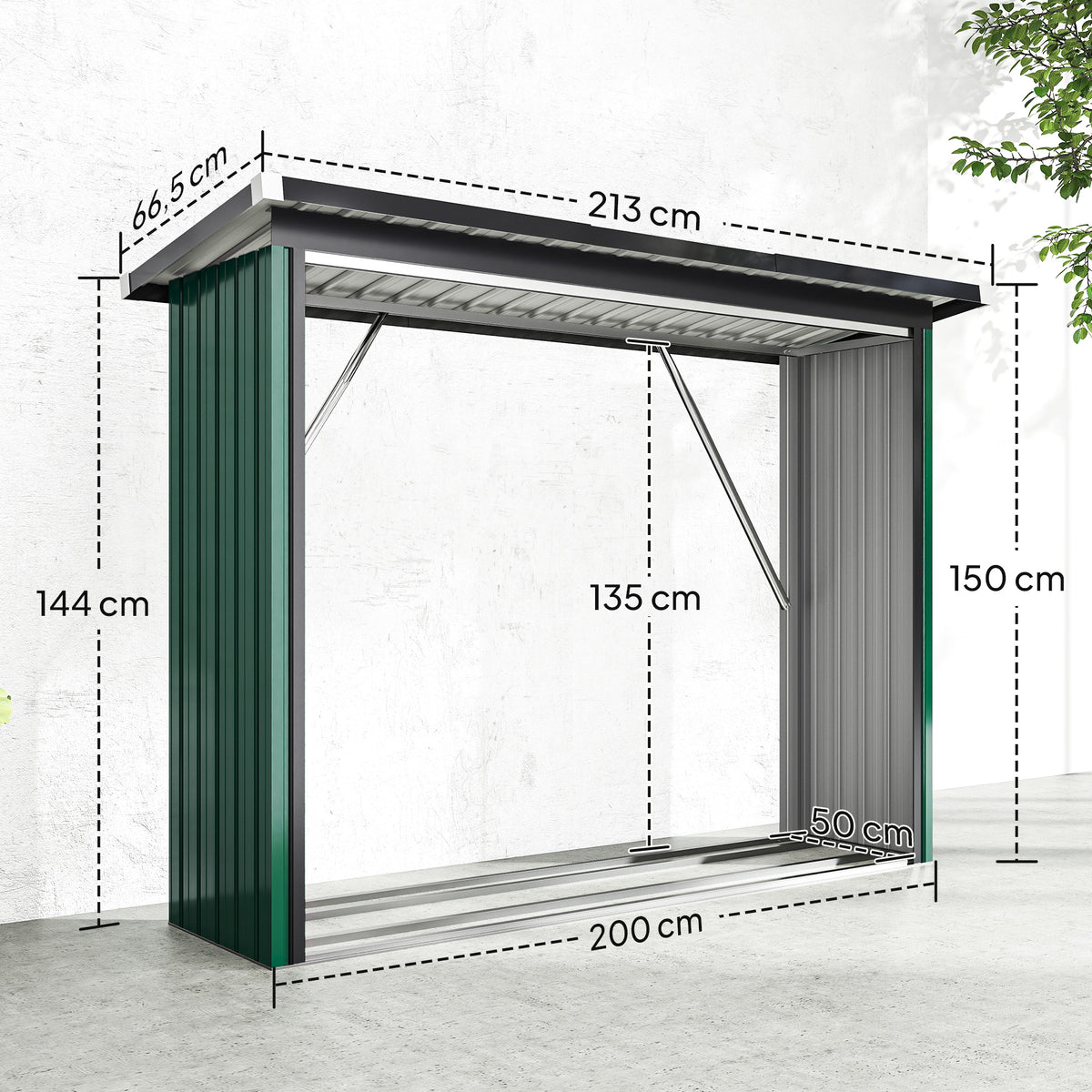 Abri-bûches Couvert Support pour Bois de Chauffage Plancher Surélevé Toit Incliné, Acier Galvanisé 213x66,5x150cm Vert-2
