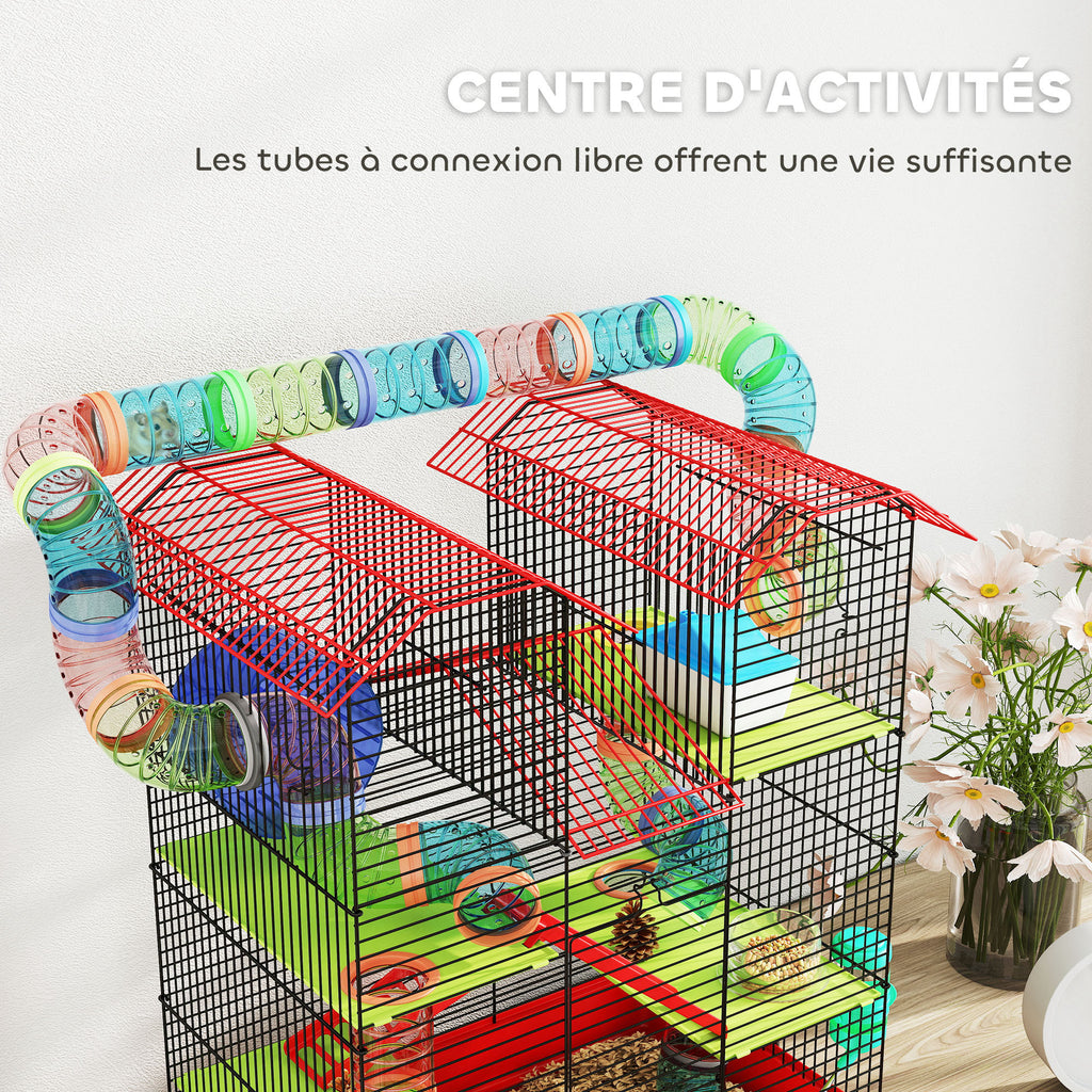 Cage pour hamster souris petit animaux rongeur avec tunnel mangeoire roue jouet 47 x 30 x 59 cm rouge-6