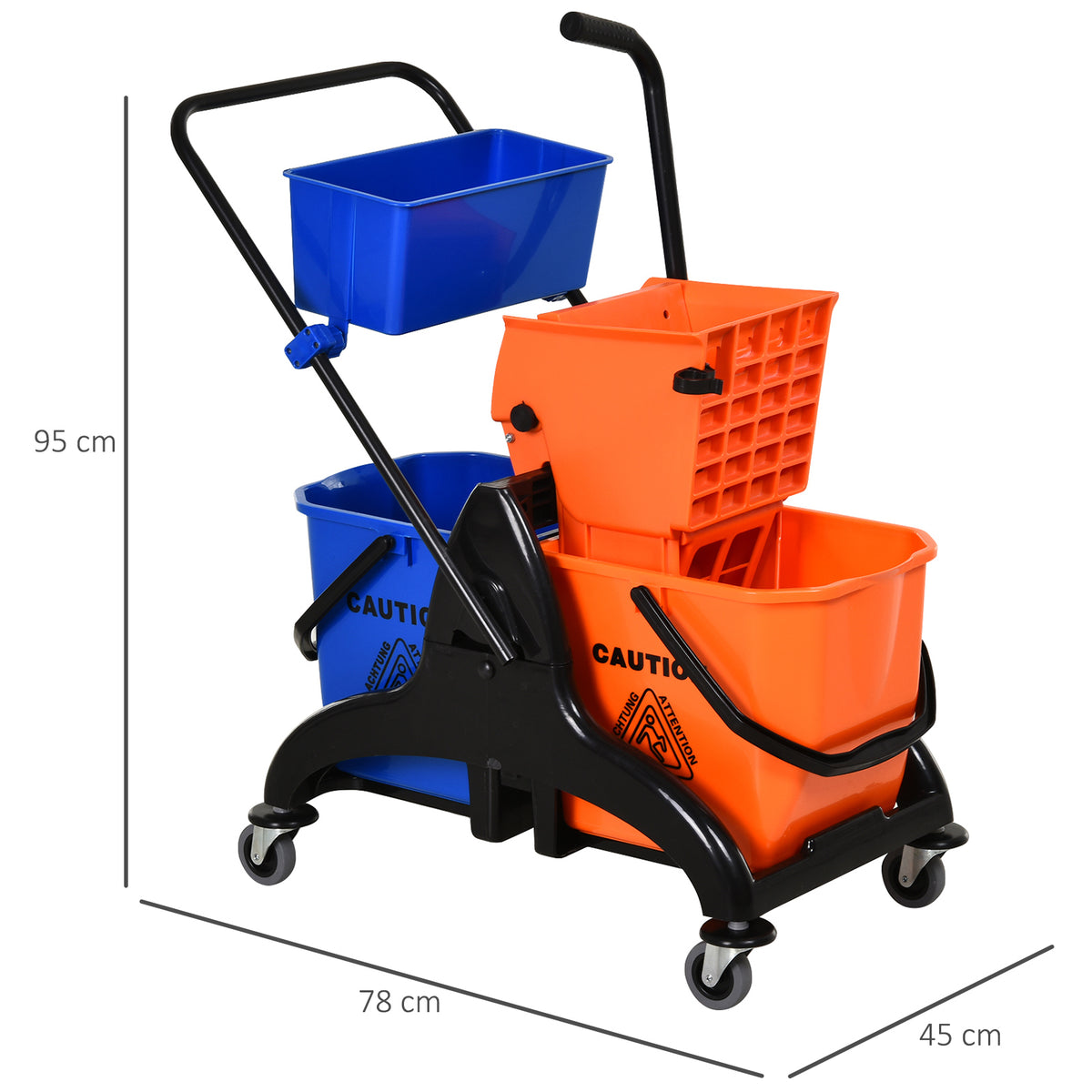 Chariot de ménage chariot de lavage professionnel essoreuse latérale seau 26 L + panier de rangements 78 x 45 x 95 cm métal et plastique orange-2