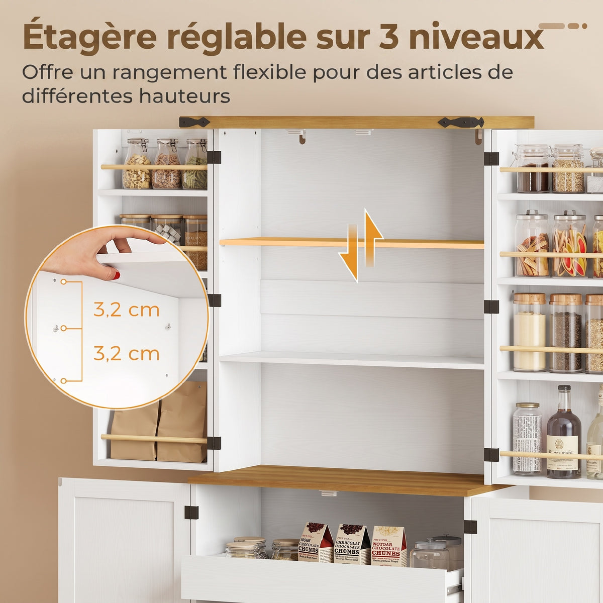 Buffet haut cuisine, armoire de cuisine, 4 portes, 3 tiroirs, 8 porte-racks et étagères réglables, 76x40x182cm, blanc-4