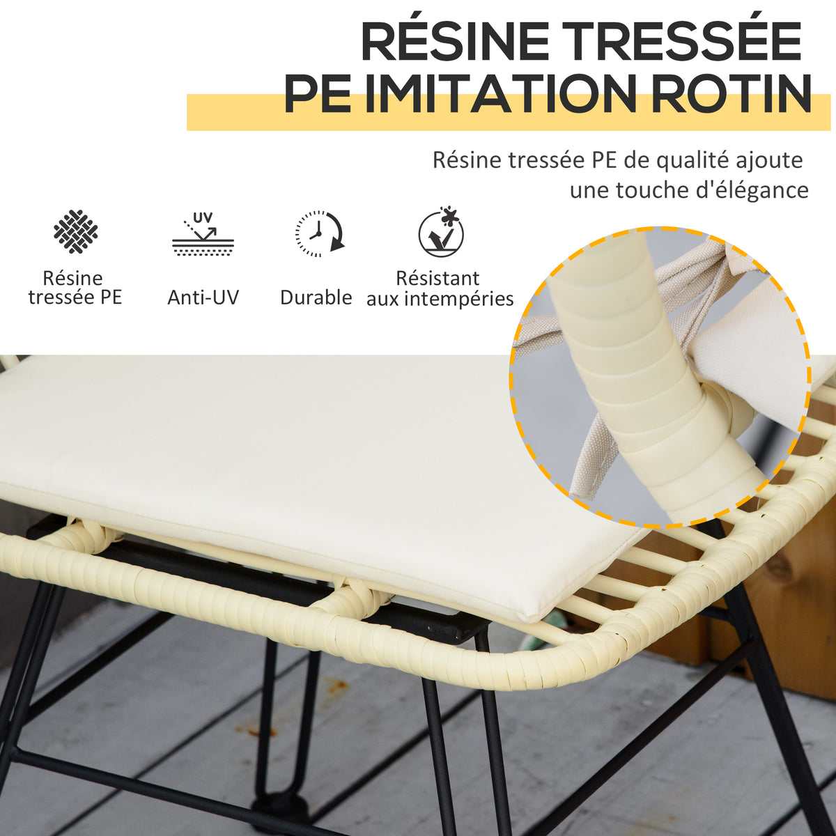 Ensemble bistro de jardin 3 pièces 2 chaises + table basse ronde verre trempé 2 coussins crème-4