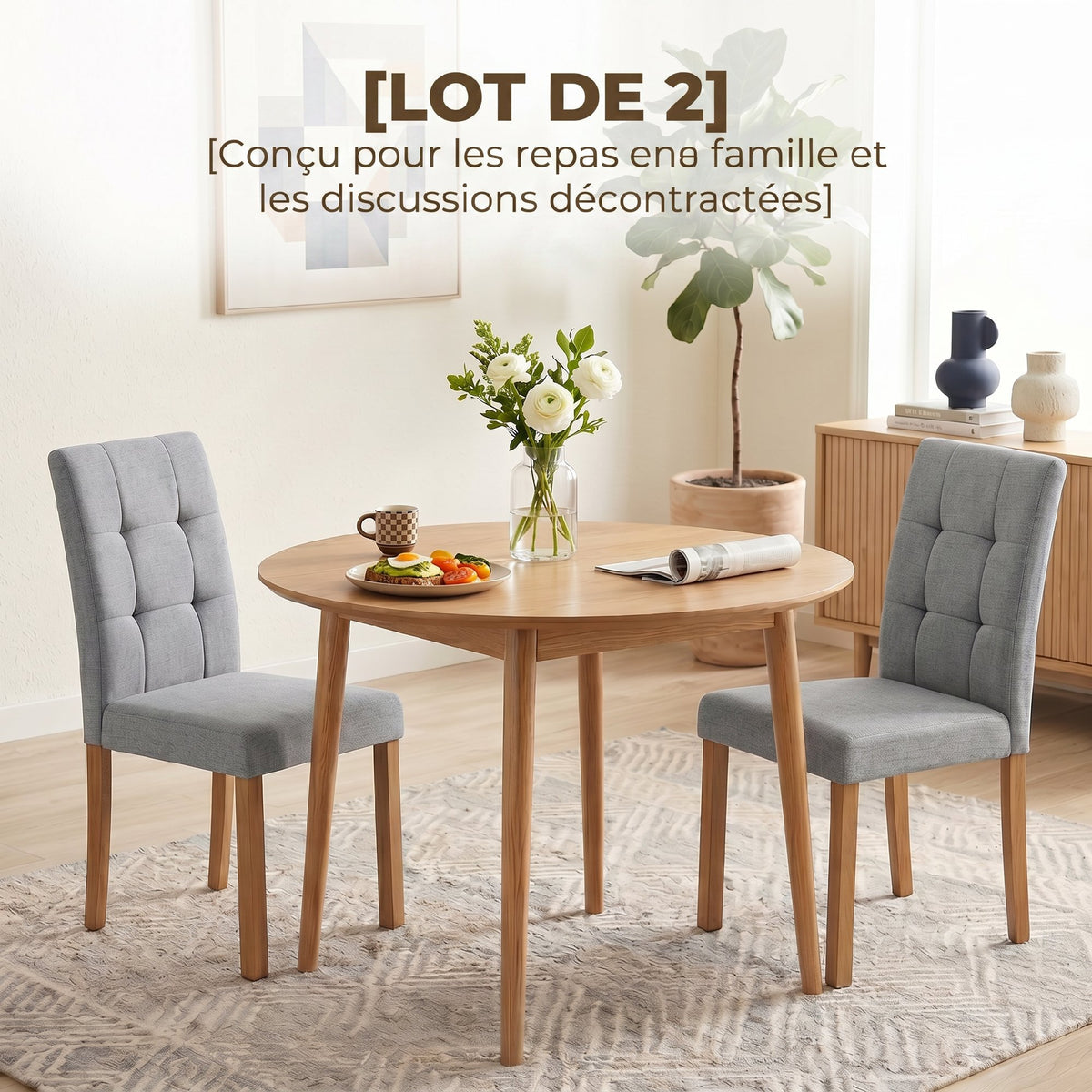 Lot de 2 chaises de salle à manger, chaise de cuisine moderne avec siège rembourré en tissu effet lin, gris clair-3