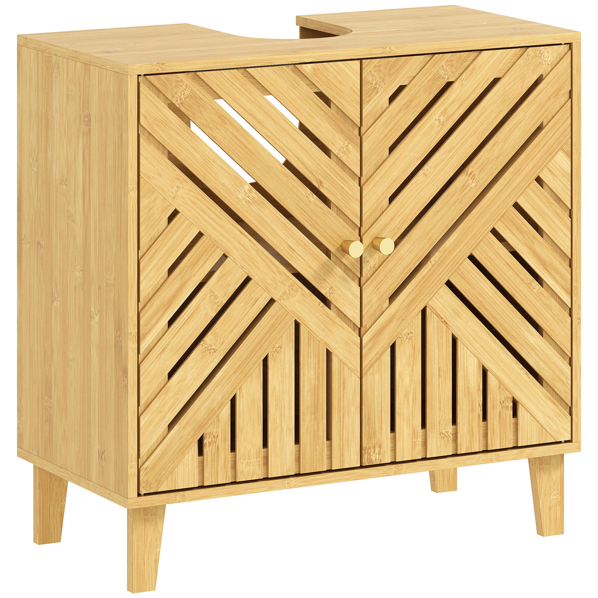 Meuble sous lavabo, meuble de salle de bain en bambou avec étagère réglable et portes à lattes 60 x 30 x 60 cm, naturel-0