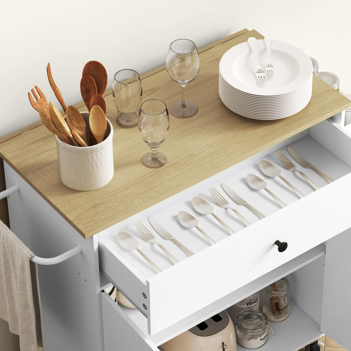 Desserte de cuisine sur roulettes, Îlot central cuisine - tiroir, étagère réglable, support à épices et porte-serviette-8