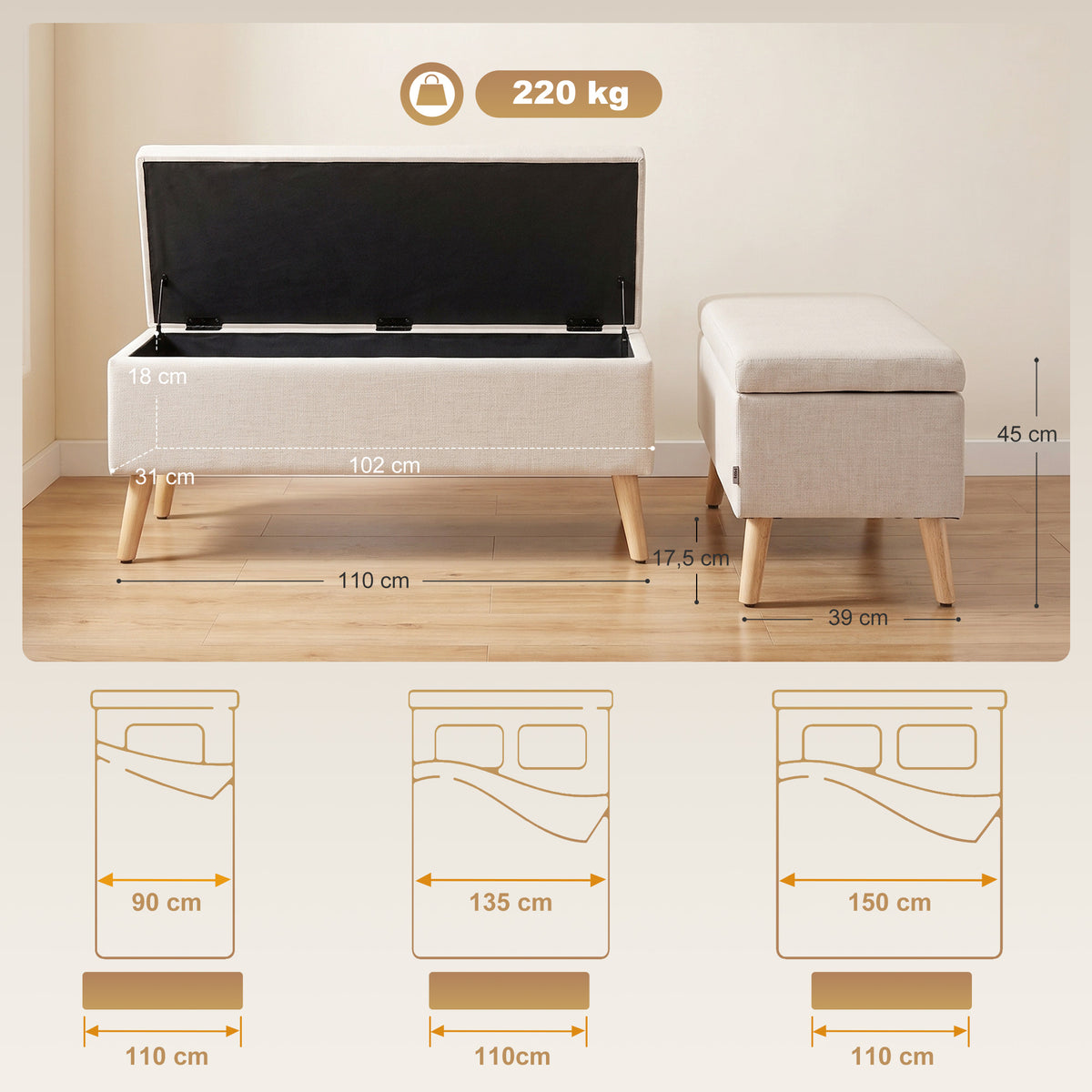 Banc coffre rangement rembourré aspect lin pour chambre à coucher, entrée, salon, charge 220 Kg, 110 x 39 x 45 cm, beige-2