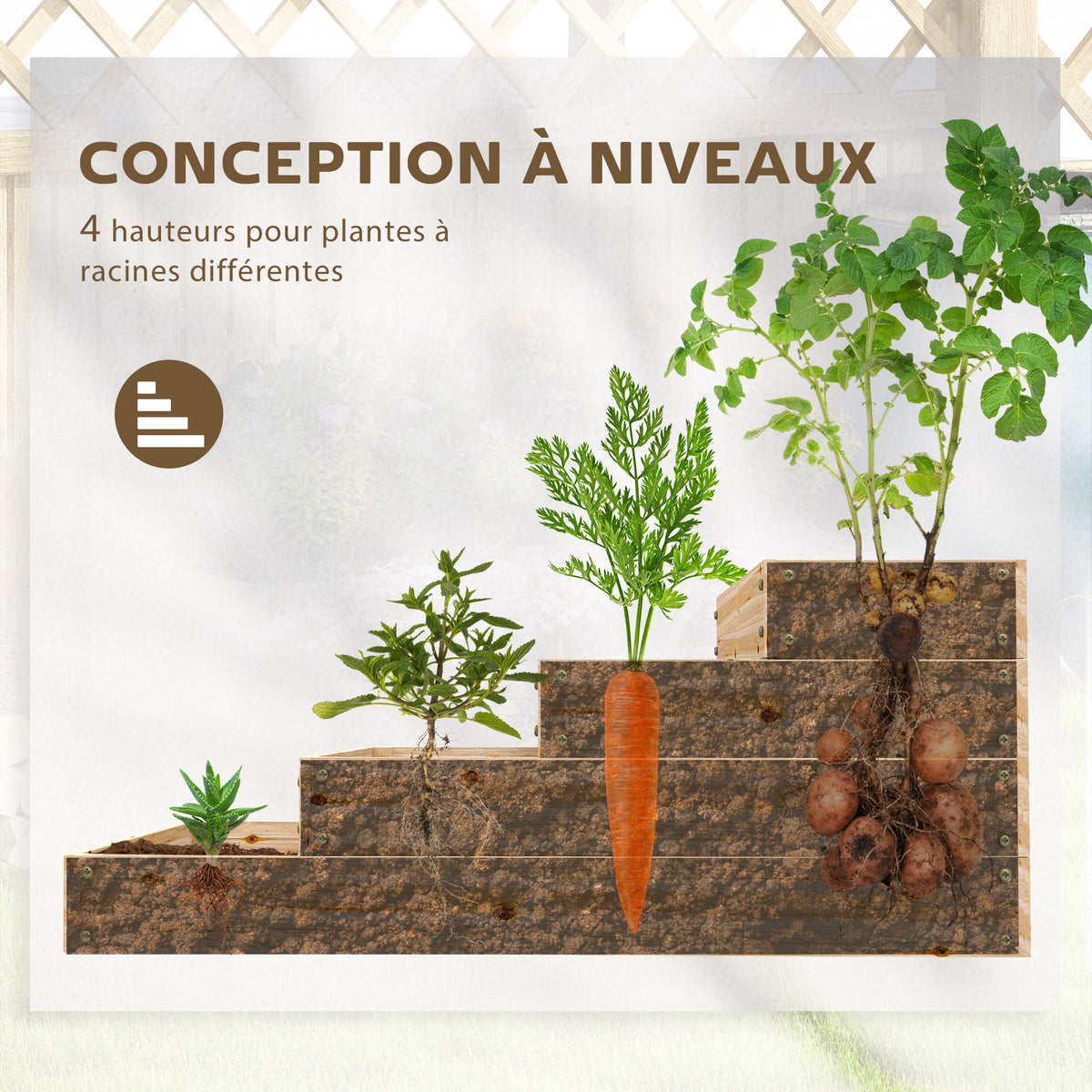 Carré potager de jardin sans fond 4 étages pour herbes légumes fruits fleurs 113 x 113 x 46 cm bois naturel-3