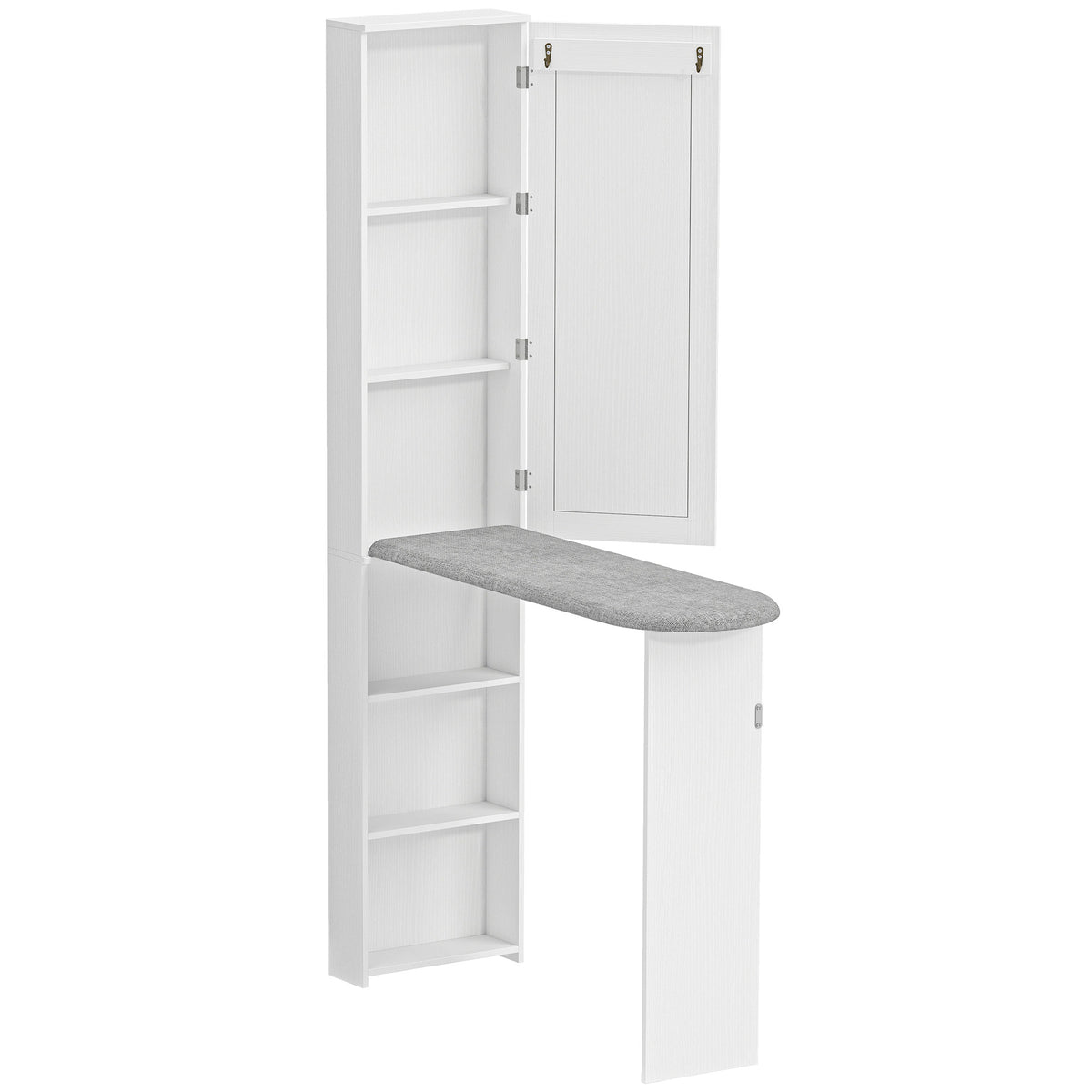Armoire de Planche à Repasser Pliable avec Miroir, Armoire de Rangement avec 6 Compartiments, 2 Crochets, Blanc-0