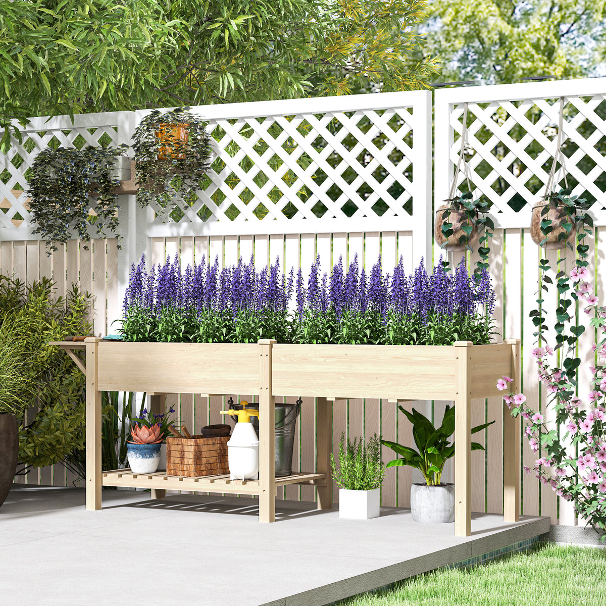 Jardinière sur pieds carré potager de jardin sur pieds 2 bacs tablette étagère inférieure 207 x 59 x 78 cm bois naturel-1