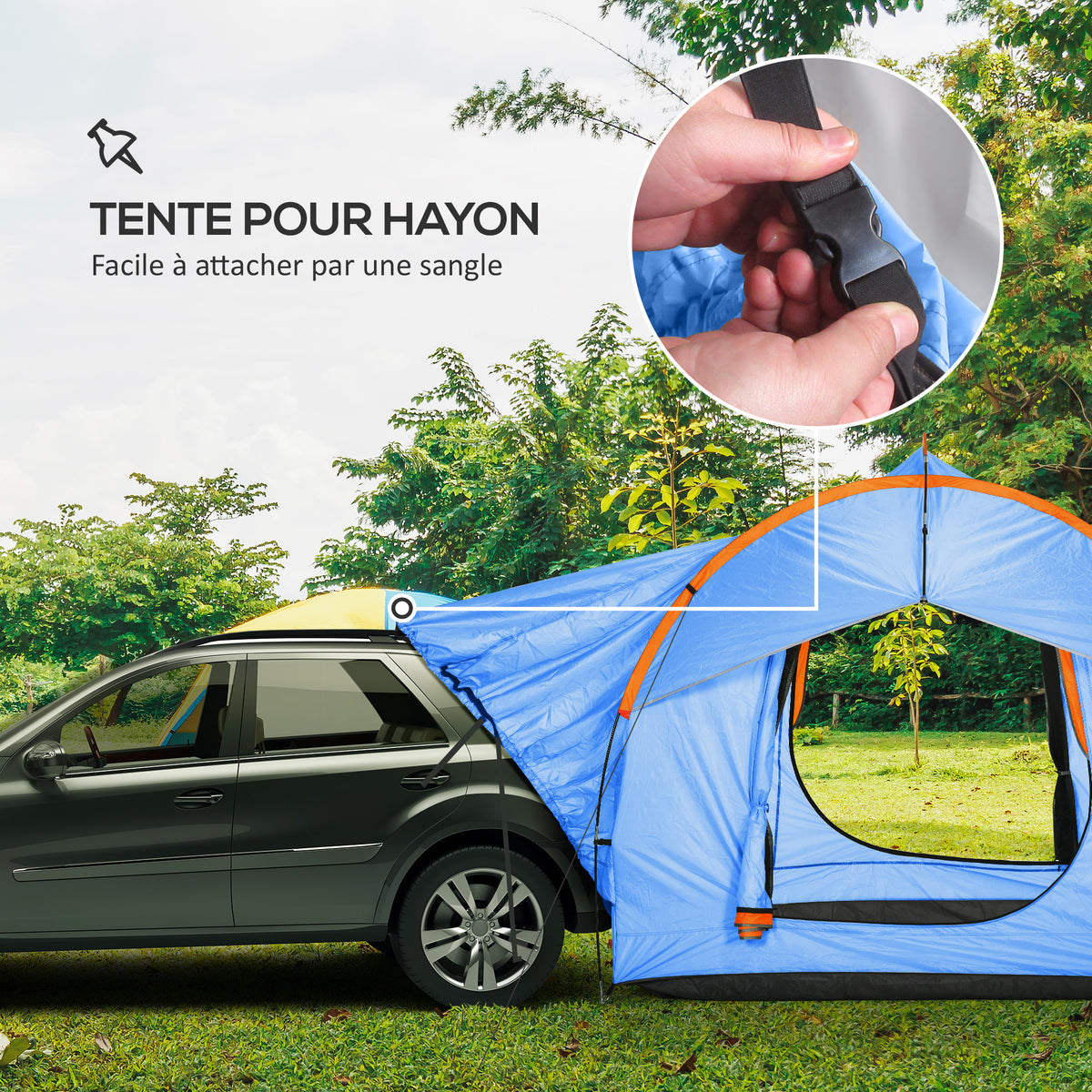 Tente de voiture pour SUV hayon 5-6 personnes avec 3 portes, fenêtre en maille, pour trekking, randonnée, bleu et orange-3