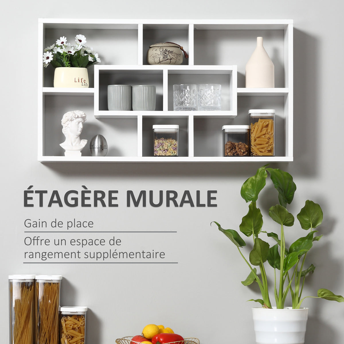 Étagère murale bibliothèque 8 cubes, meuble de rangement, design moderne, 85 x 14,5 x 47,5 cm, blanc-3