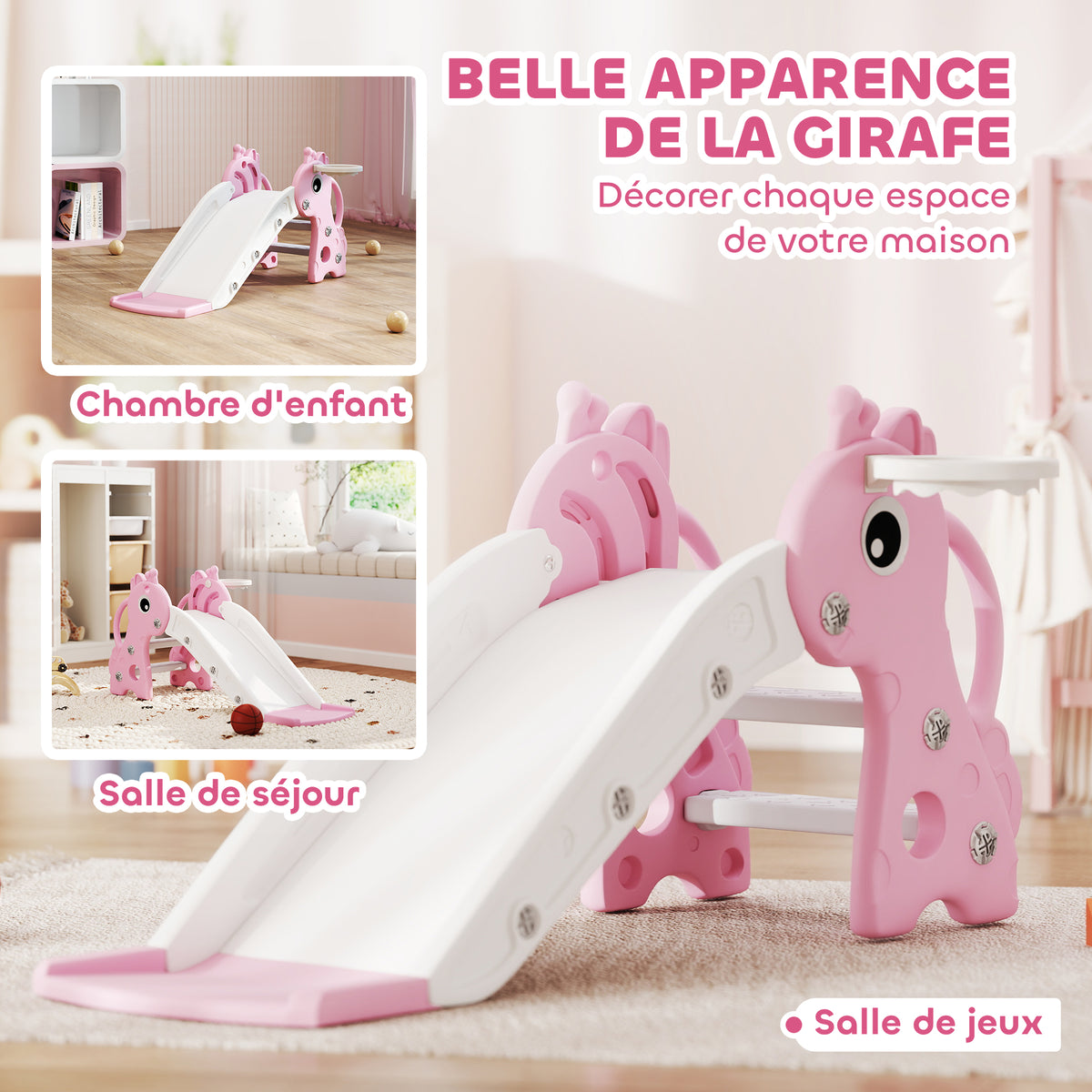 Toboggan pour enfants 3 en 1 en forme de girafe avec panier de basket, escalade et ballon, 106 x 51,5 x 52 cm, rose-4
