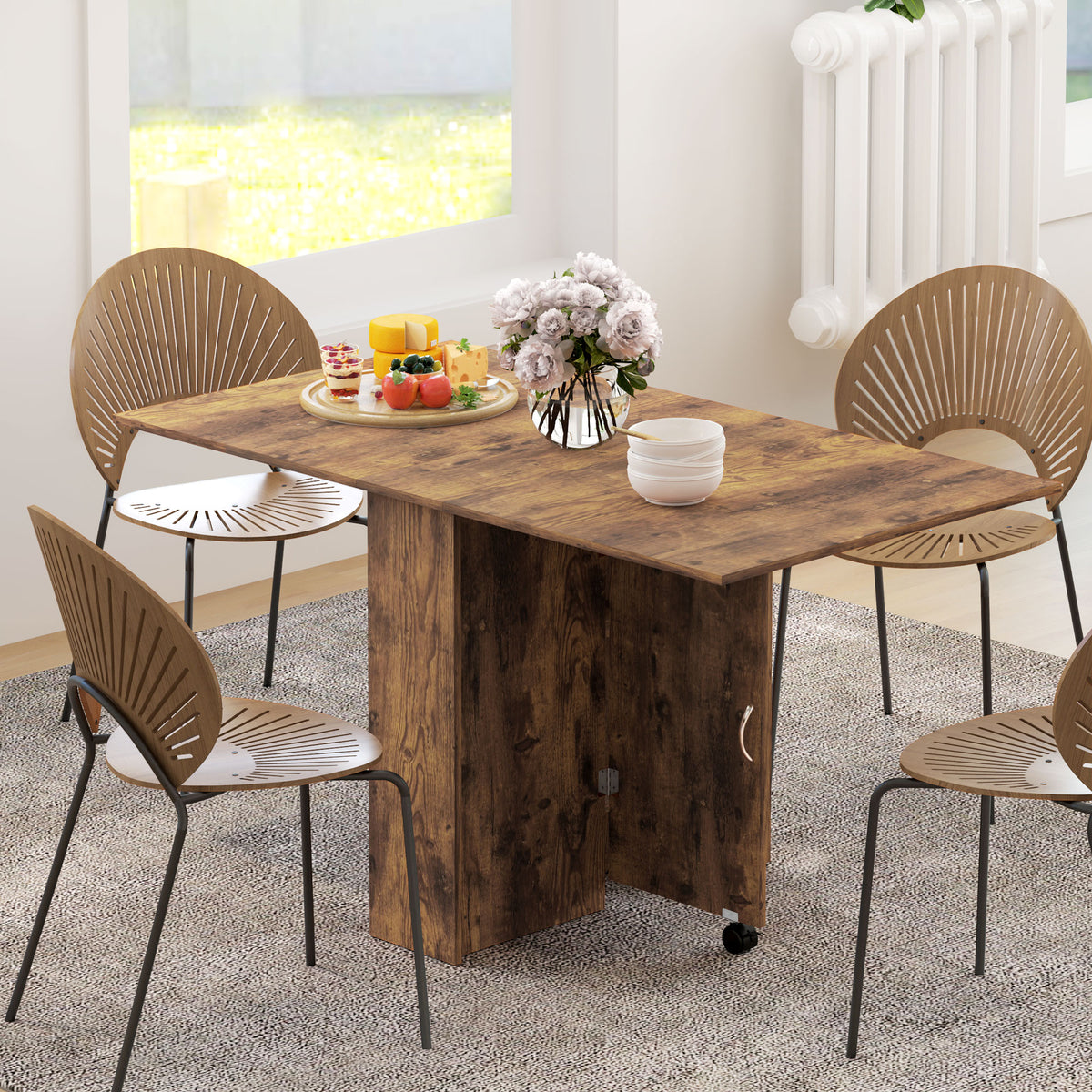 Table à Manger Pliante Mobile sur Roulettes, 2 Plateaux Rabattables, 2 Étagères Intégrées, 140x80x74cm, Brun Rustique-9