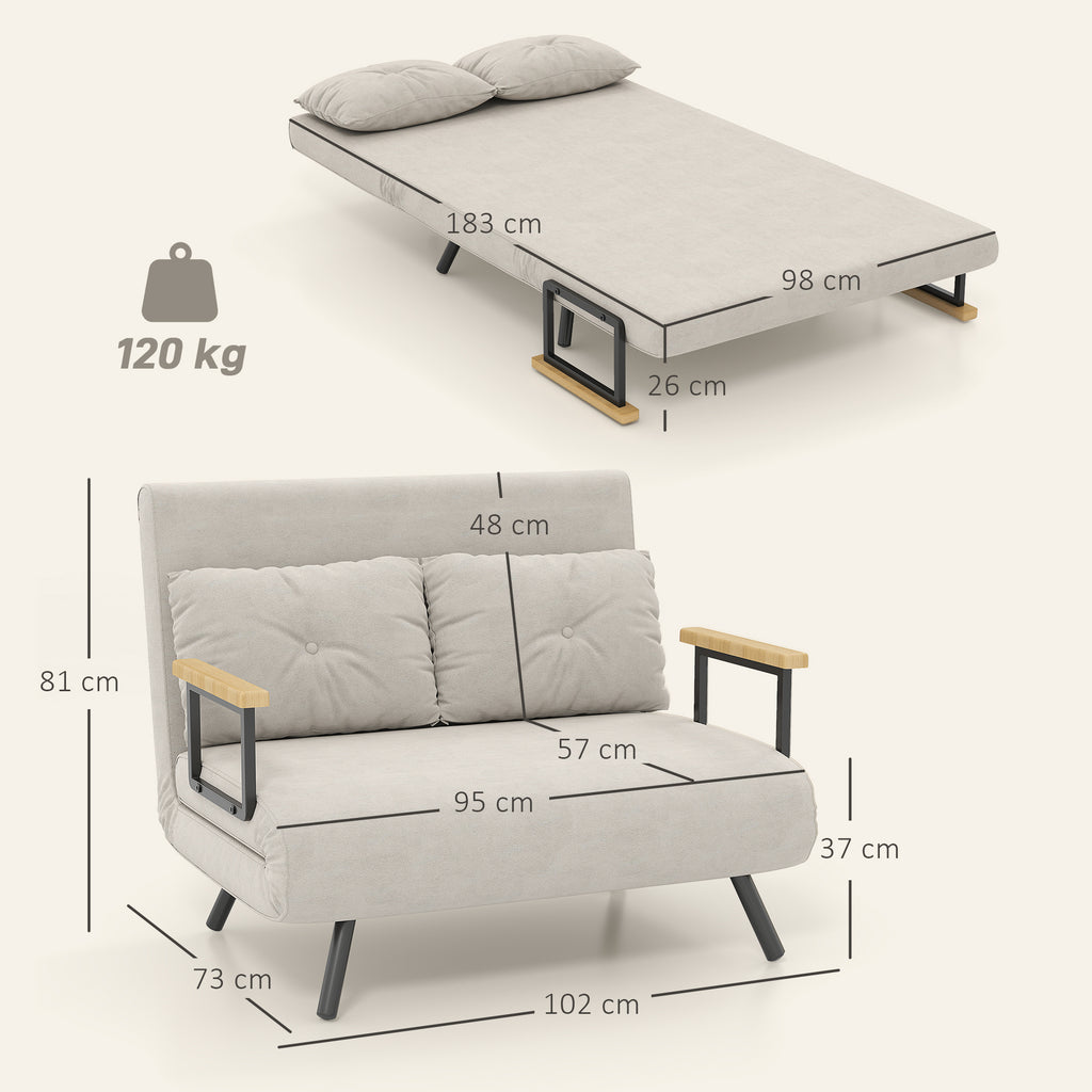 Canapé convertible 2 places avec dossier réglable à 5 niveaux et 2 coussins rembourrés, revêtement effet velours, beige-2