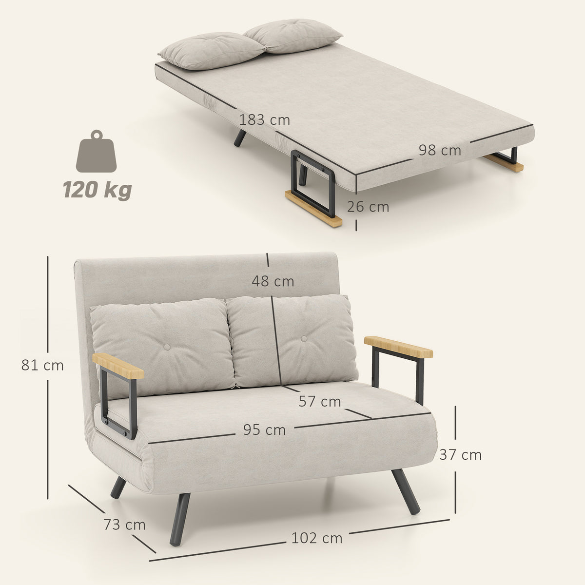 Canapé convertible 2 places avec dossier réglable à 5 niveaux et 2 coussins rembourrés, revêtement effet velours, beige-2