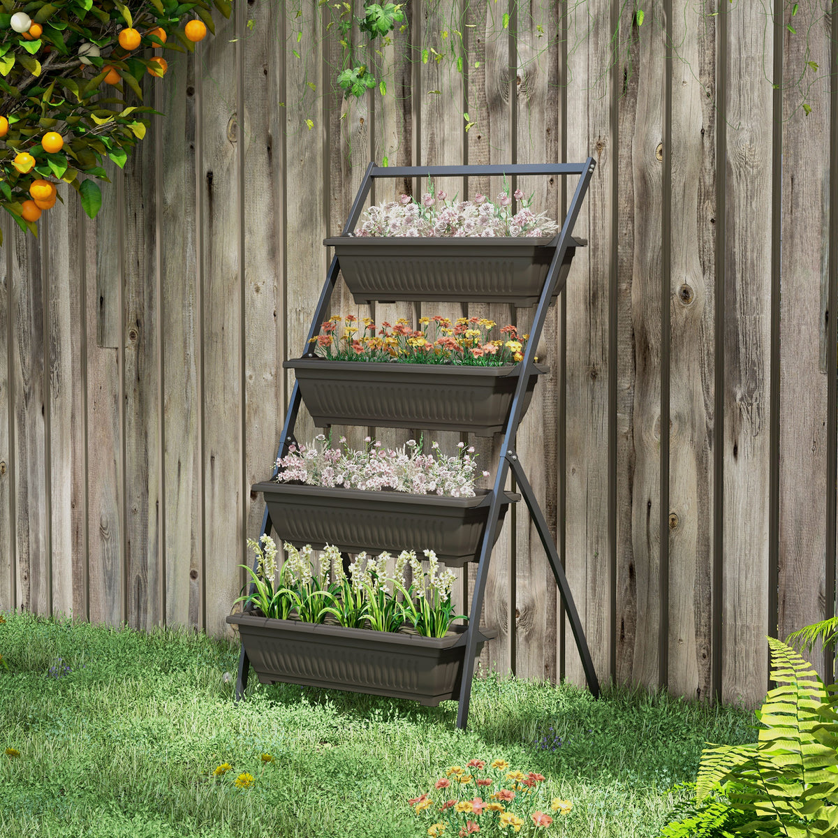 Étagère à Fleurs en Acier 4 Niveaux, Support de Plantes Vertical avec 4 Bacs et Trous de Drainage, 76x79x162cm, Marron-9