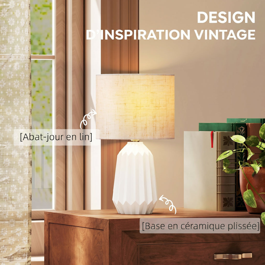 Lampe de Table avec Base en Céramique et Abat-Jour en Lin, Lampe de Chevet avec Interrupteur, Culot E27, Blanc et Beige-3