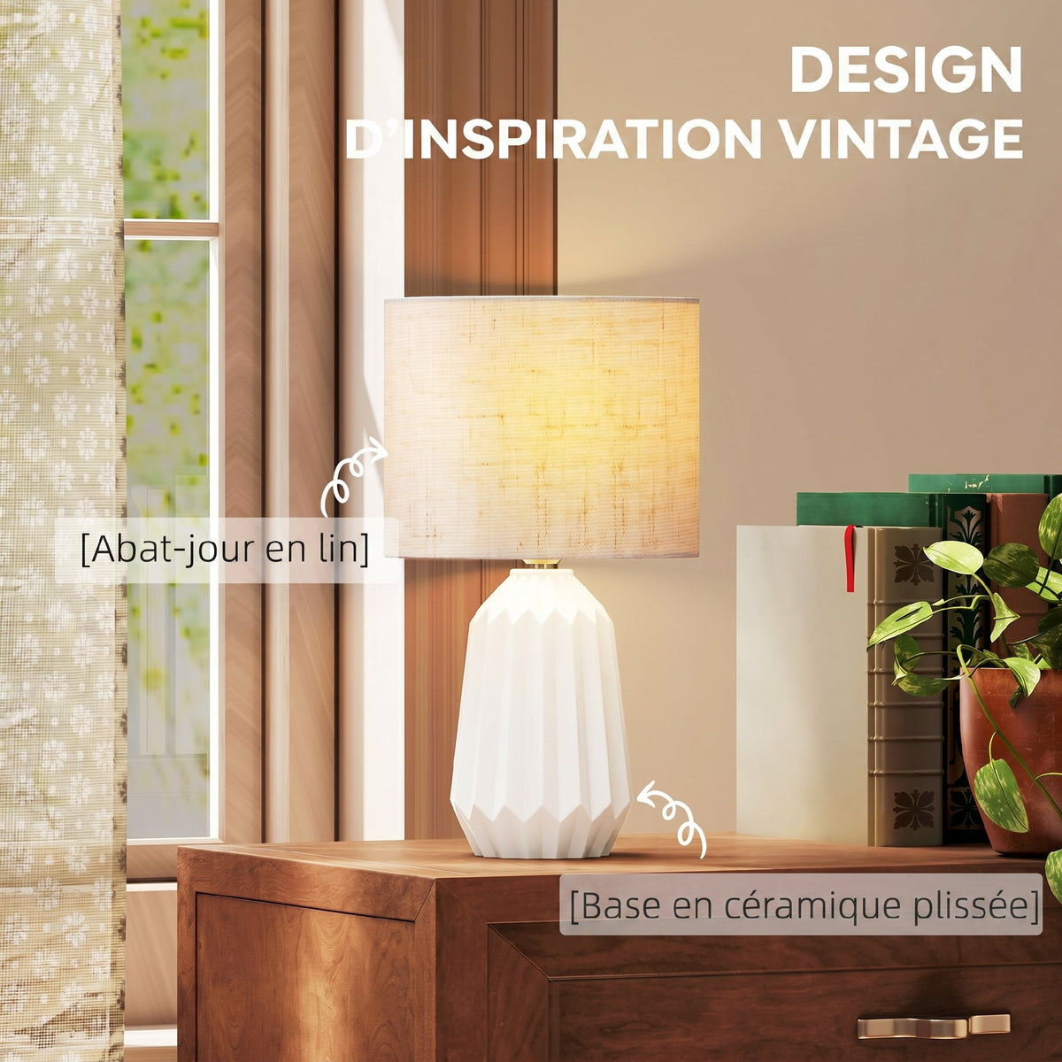 Lampe de Table avec Base en Céramique et Abat-Jour en Lin, Lampe de Chevet avec Interrupteur, Culot E27, Blanc et Beige-3