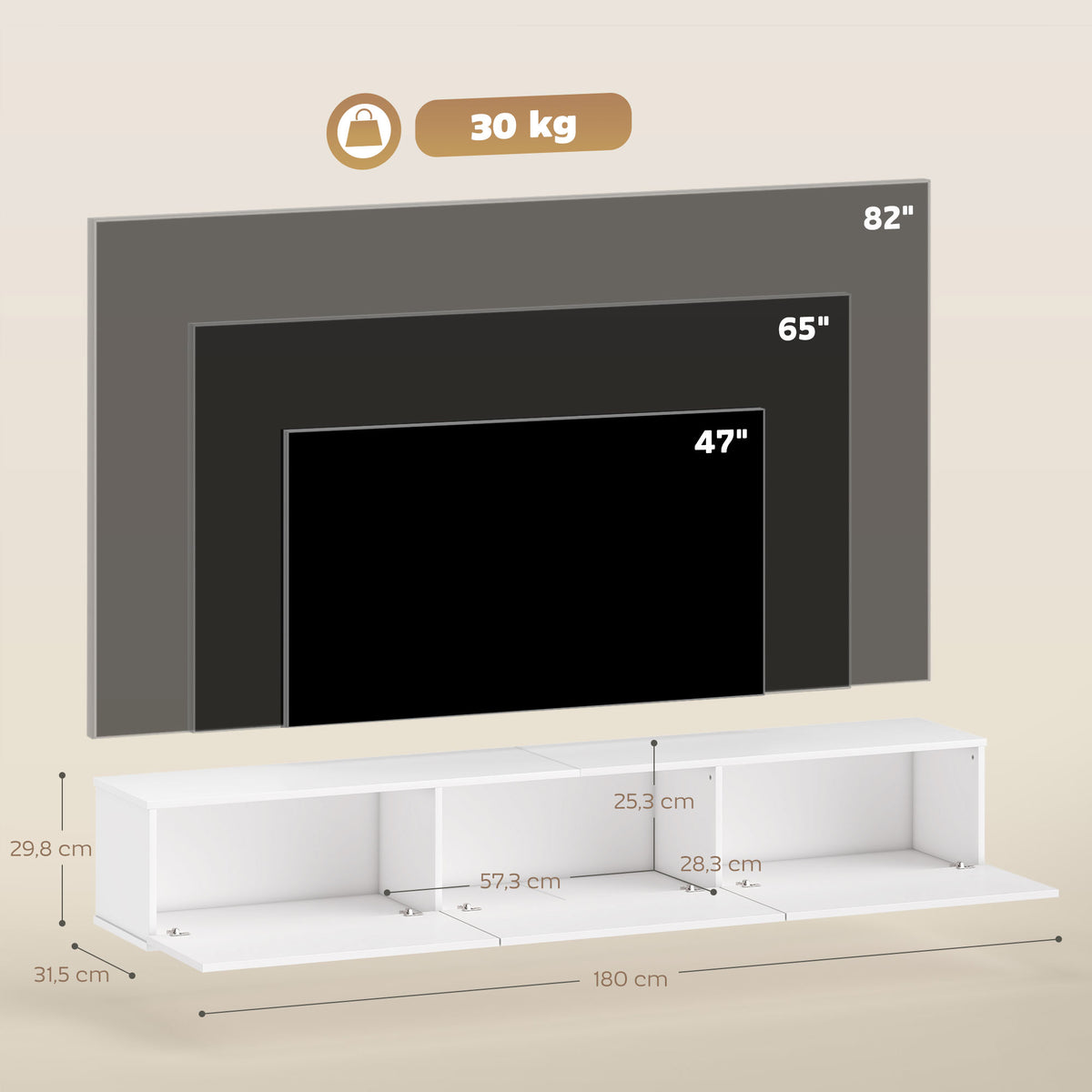 Meuble TV Suspendu 180 cm, Meuble télé pour téléviseur jusqu'à 82 Pouces 3 Portes Rabattables à Fermeture Douce, Blanc-2