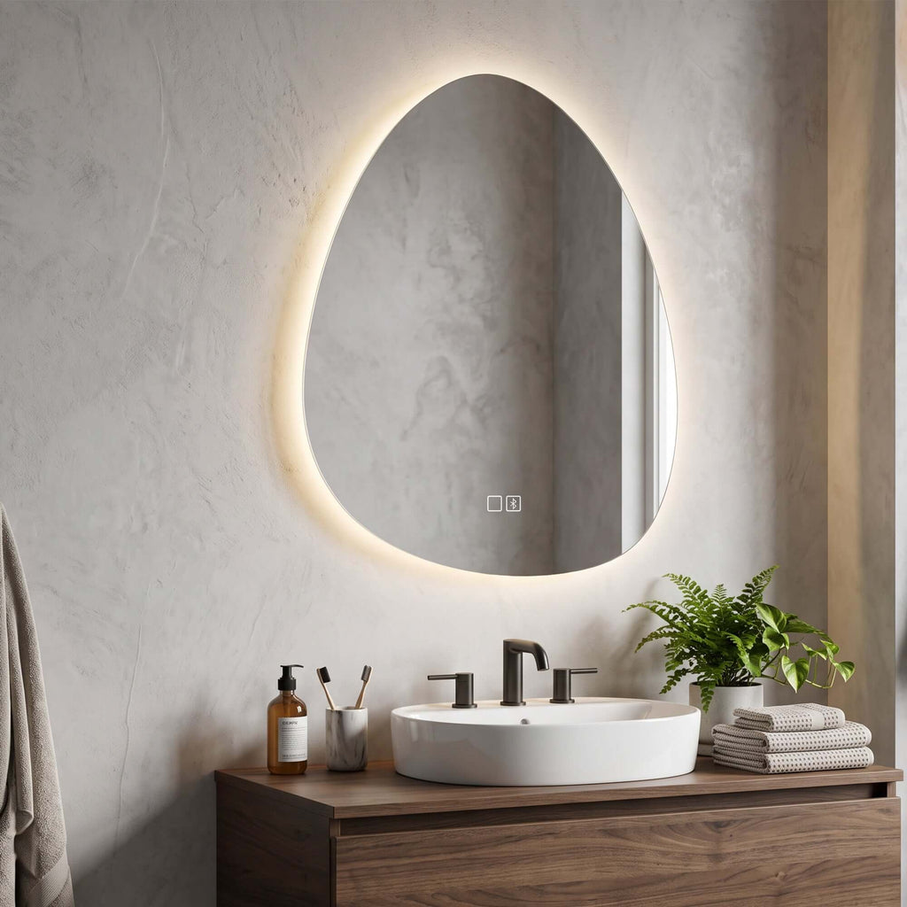 Miroir Salle de Bain Bluetooth avec Éclairage LED 50x70cm, Forme Galet, Dimmable 3 Couleurs, Anti-Buée, Mémoire, Argenté-8